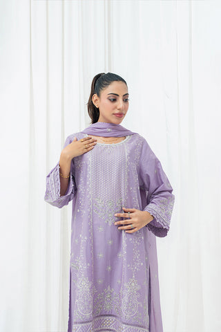 Lilac embroidered stitched 3 piece lawn suit with chiffon dupatta HS282