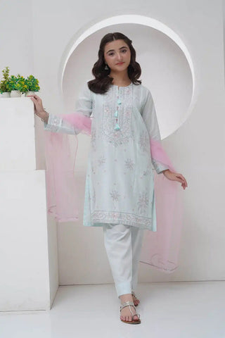 Exquisite 3-Piece Embroidered Cambric Lawn Suit with Organza Dupatta