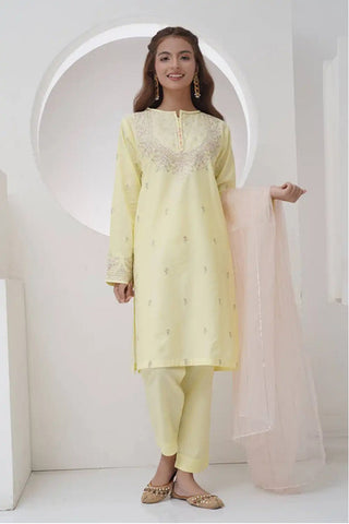 Elegant 3 Piece Embroidered Suit with Organza Dupatta – Pastel Yellow
