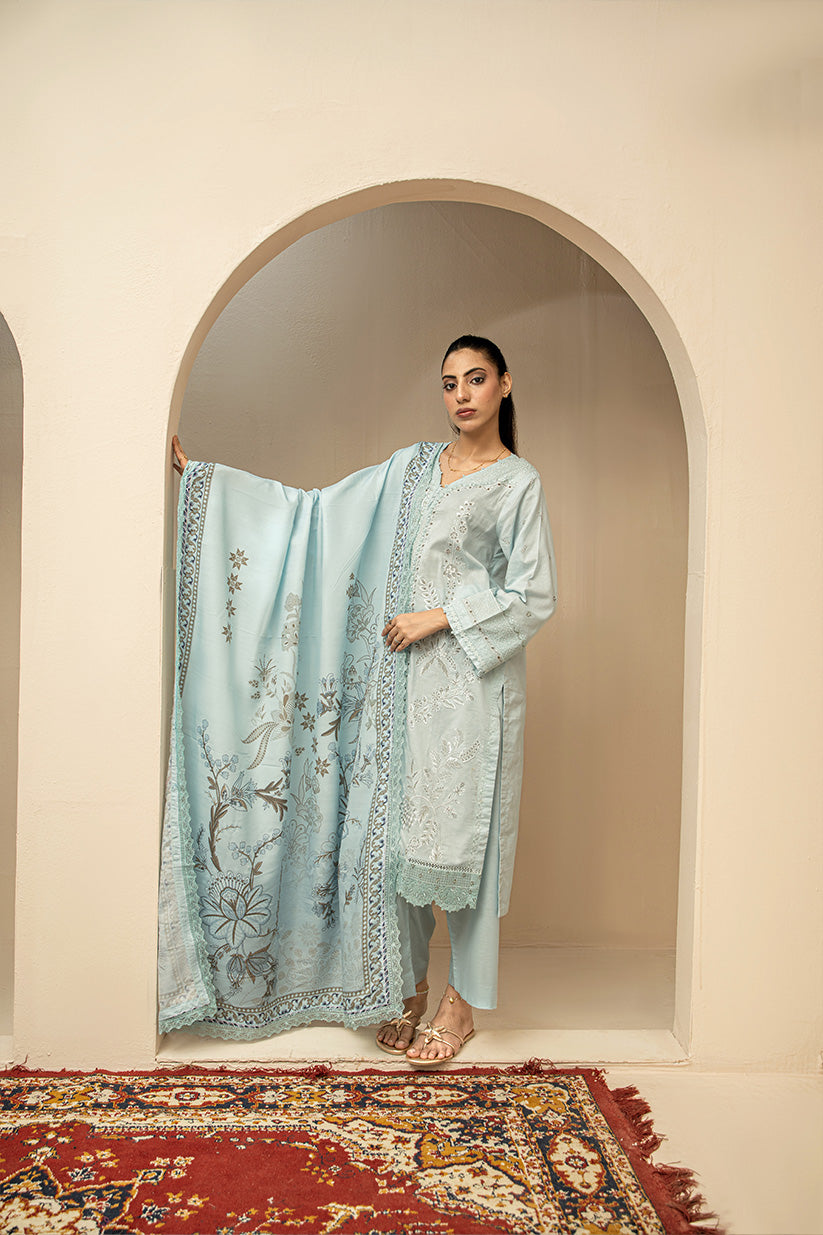 Sage green embroidered stitched 3 piece lawn suit with digital printed dupatta HS273
