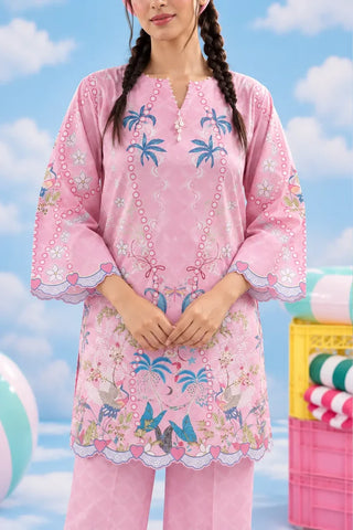 Close-up of pearl neckline and printed sleeve detail