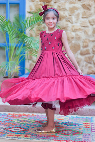 Maroon & Gold Kids Formal Frock 3-Piece Suit | Yarn Fabric