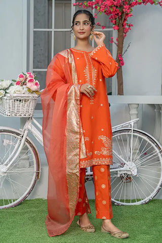 3 Piece Embroidered Cambric Suit with Table Print – Orange | T-EMB-003