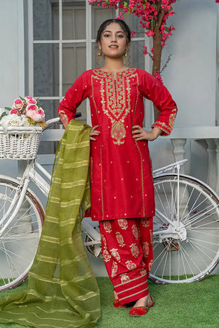 3 Piece Embroidered Cambric Suit with Table Print – Red | T-EMB-004