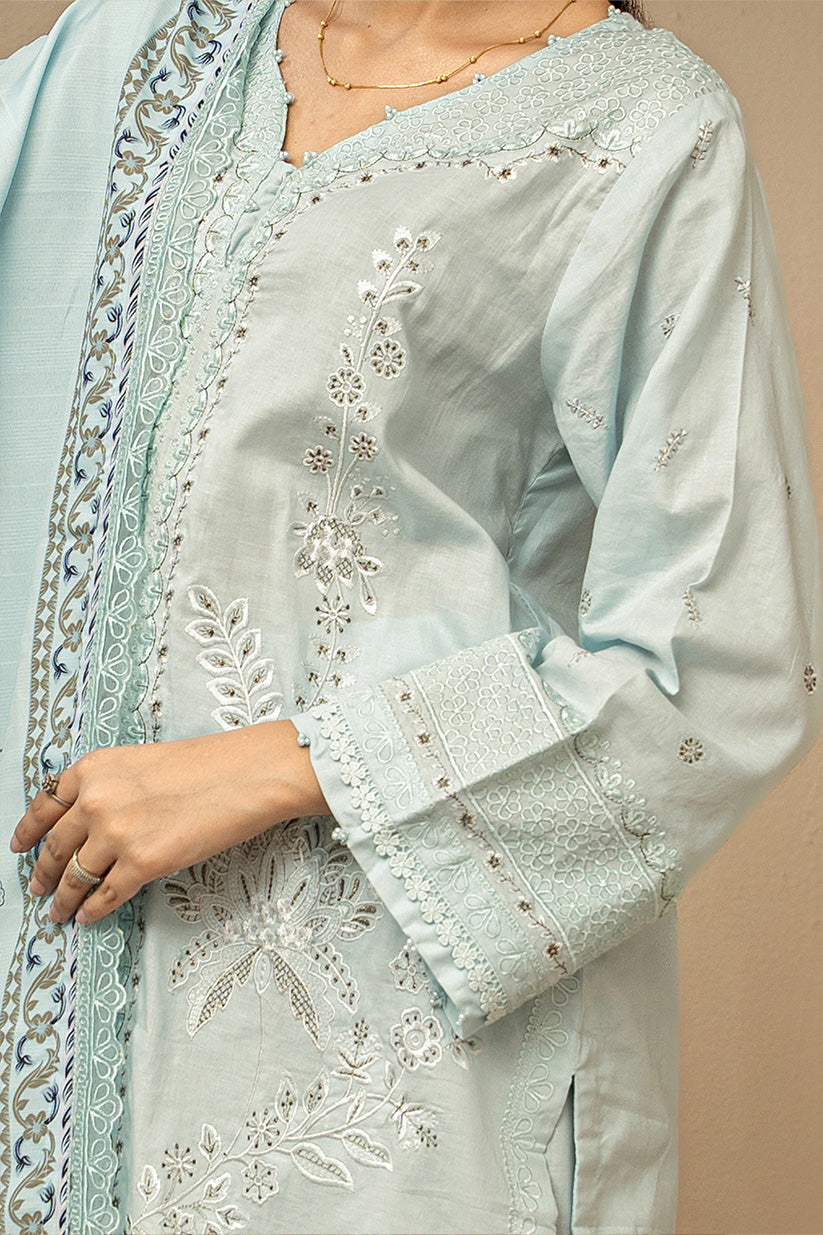 Sage green embroidered stitched 3 piece lawn suit with digital printed dupatta HS273