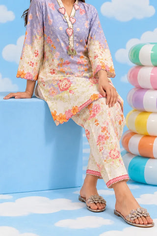 Floral lawn shirt and trouser seated detail view