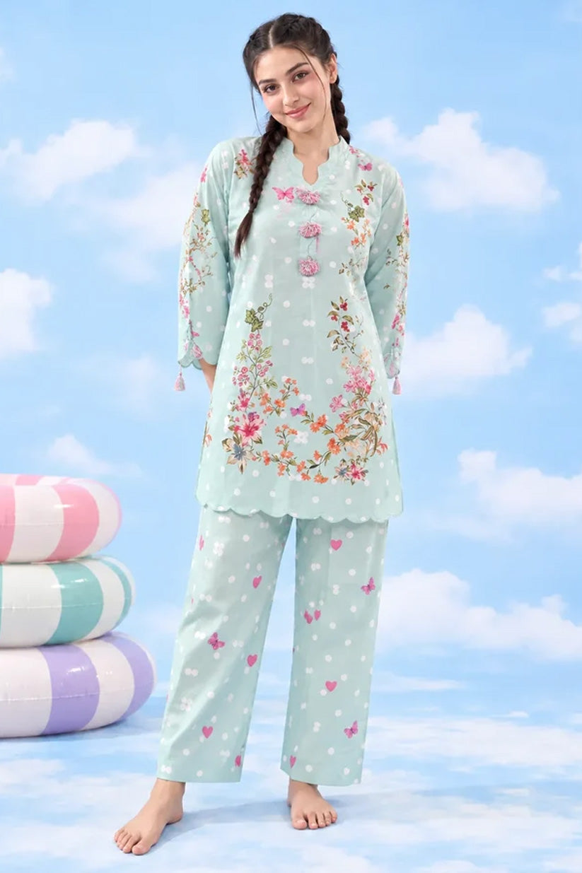 Mint lawn shirt and wide trouser full front view