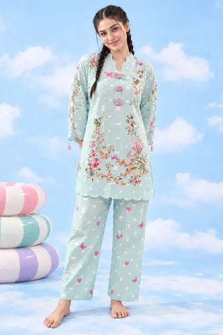Mint lawn shirt and wide trouser full front view