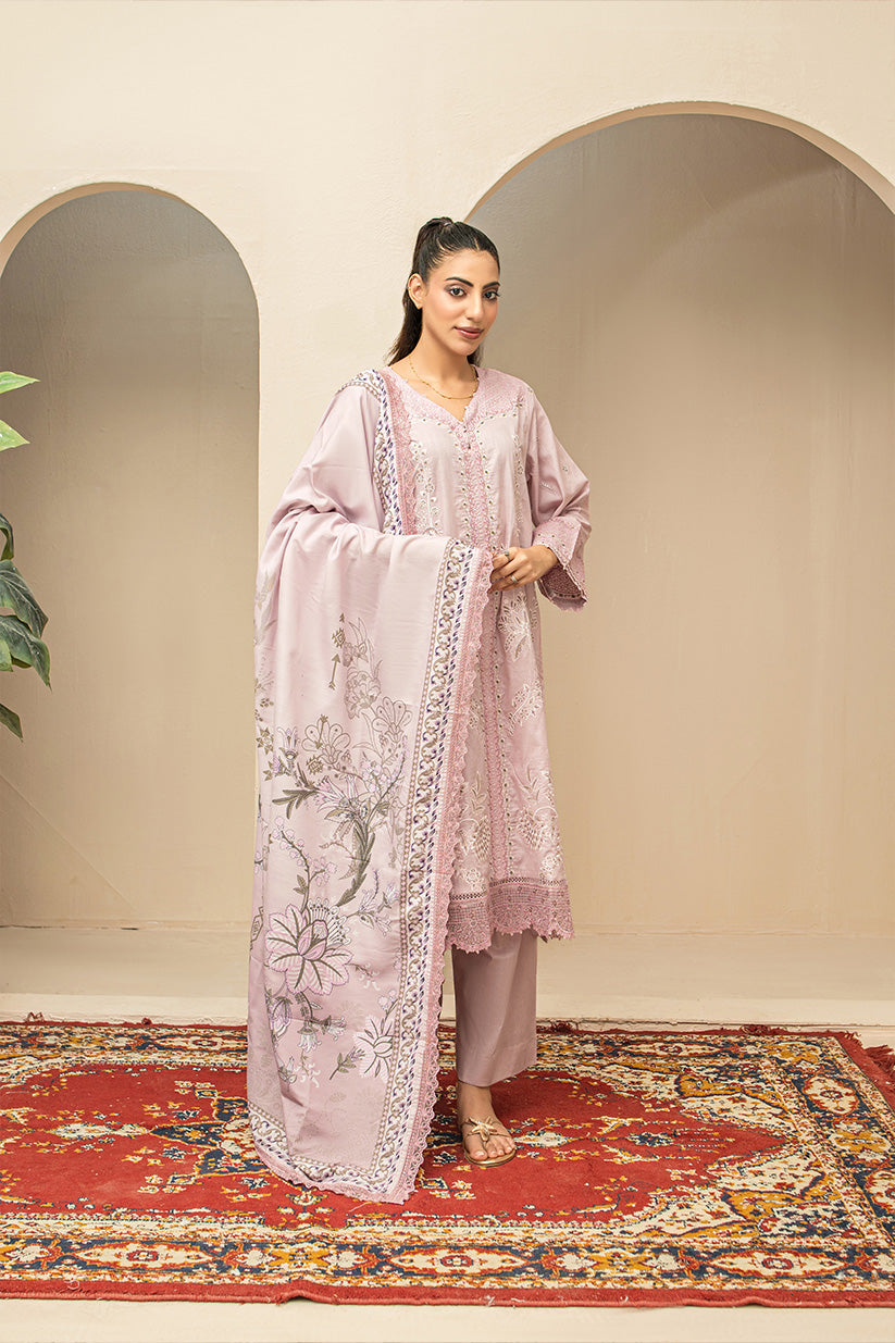 Blush pink embroidered stitched 3 piece lawn suit with digital printed dupatta HS273