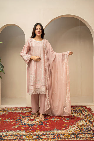 Dusty rose embroidered stitched 3 piece lawn suit with chiffon dupatta HS282