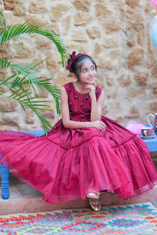 Maroon & Gold Kids Formal Frock 3-Piece Suit | Yarn Fabric