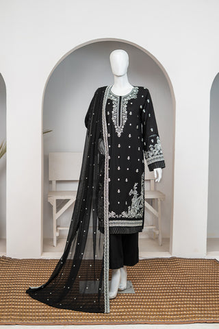 Black Cotton Embroidered Dress with Chiffon Dupatta