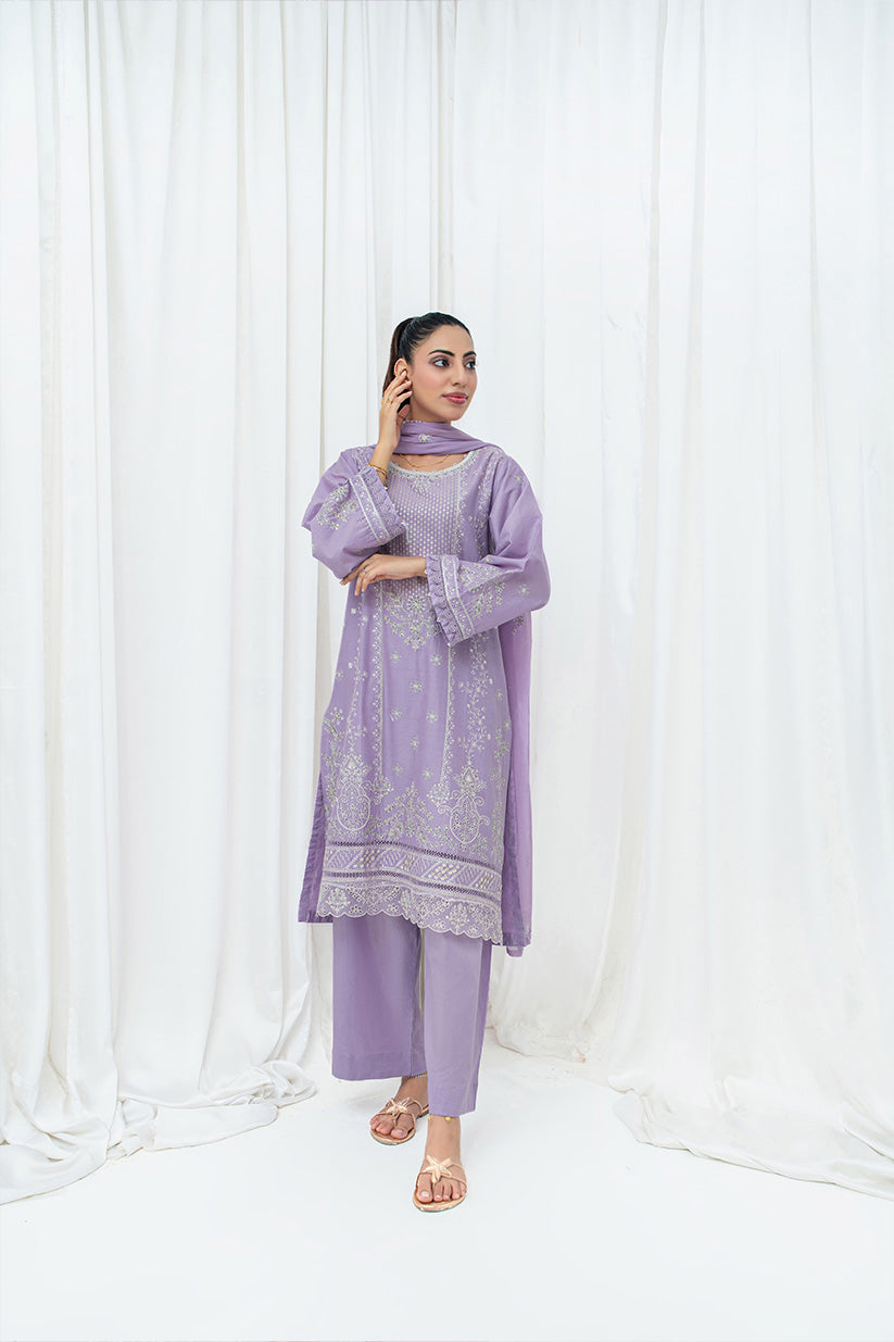 Lilac embroidered stitched 3 piece lawn suit with chiffon dupatta HS282