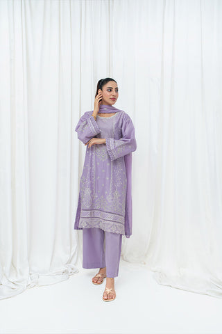 Lilac embroidered stitched 3 piece lawn suit with chiffon dupatta HS282