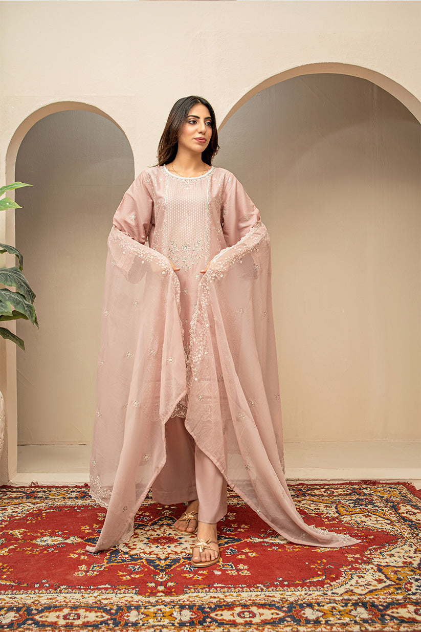 Dusty rose embroidered stitched 3 piece lawn suit with chiffon dupatta HS282