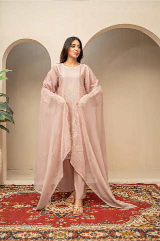 Dusty rose embroidered stitched 3 piece lawn suit with chiffon dupatta HS282