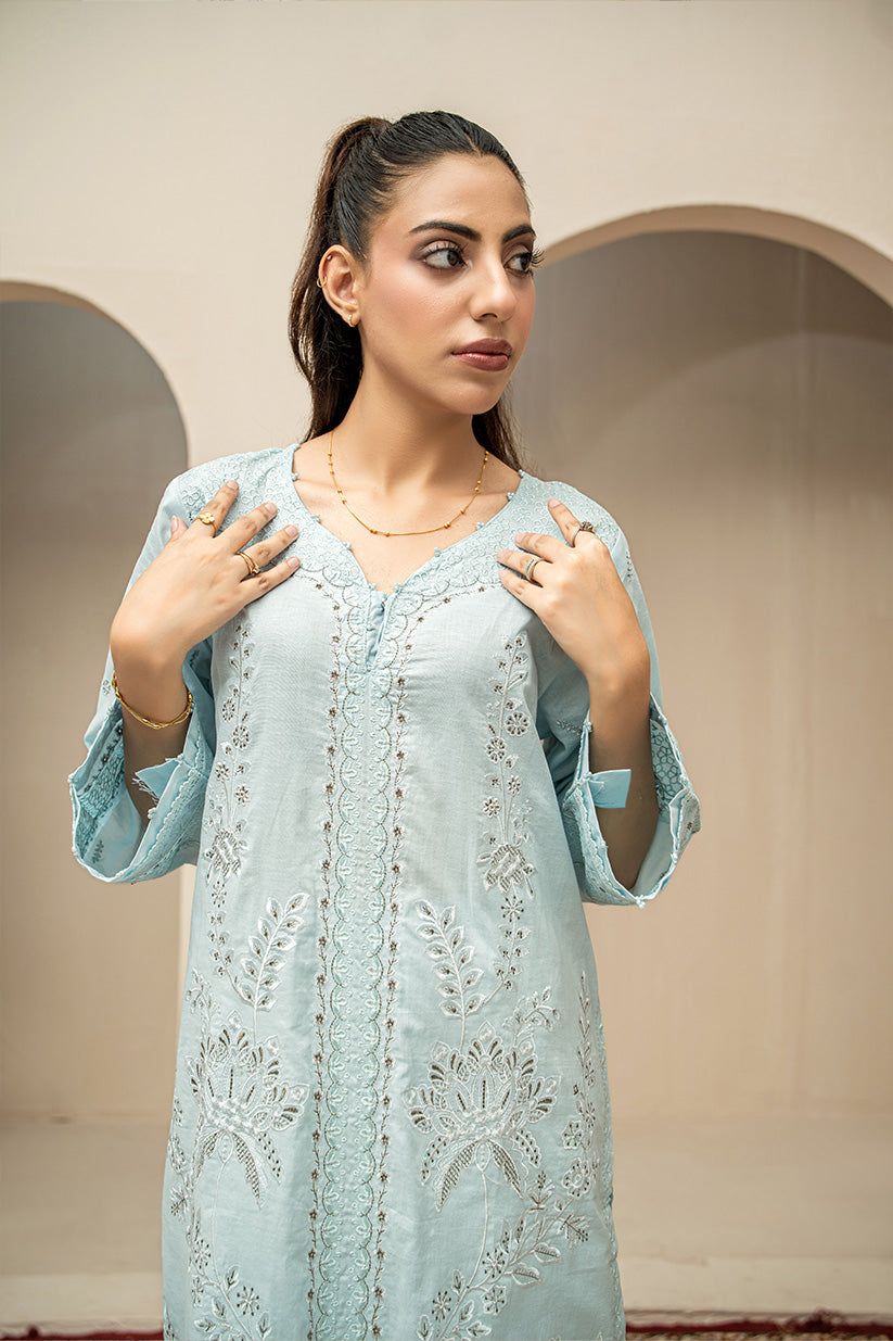 Sage green embroidered stitched 3 piece lawn suit with digital printed dupatta HS273