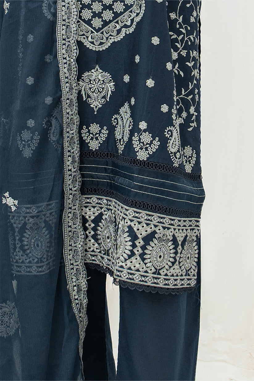 Chiffon embroidered dupatta border detail navy blue suit HS280