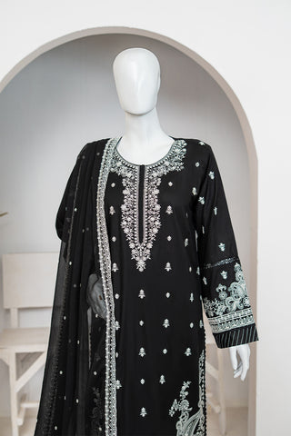 Black Cotton Embroidered Dress with Chiffon Dupatta