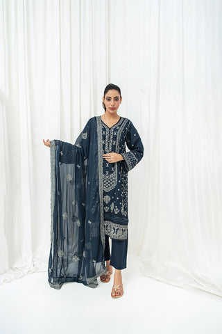 Navy Blue Embroidered 3 Piece Suit – Chiffon Embroidered Dupatta