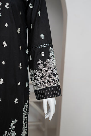 Black Cotton Embroidered Dress with Chiffon Dupatta