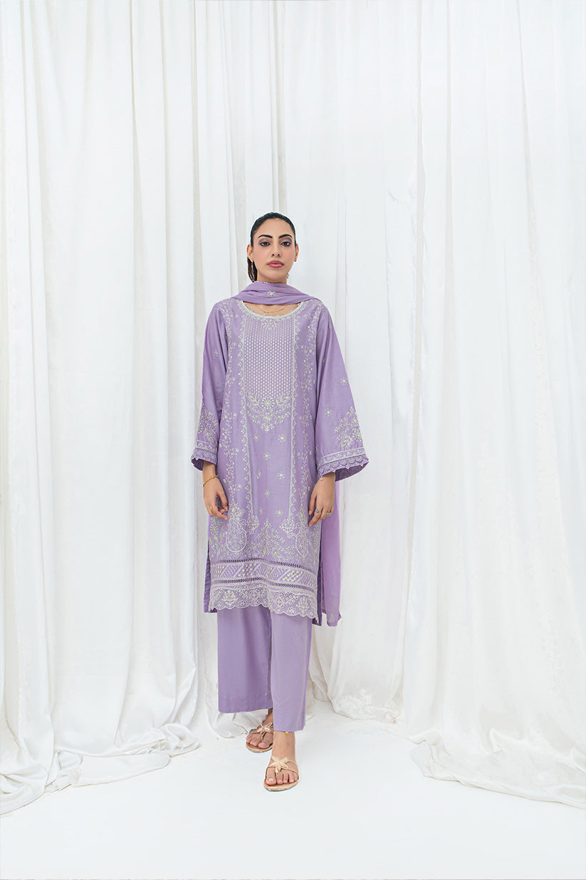 Lilac embroidered stitched 3 piece lawn suit with chiffon dupatta HS282