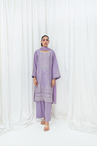 Lilac embroidered stitched 3 piece lawn suit with chiffon dupatta HS282