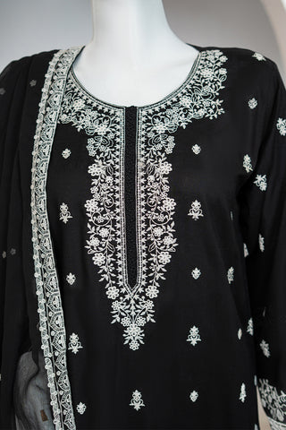 Black Cotton Embroidered Dress with Chiffon Dupatta