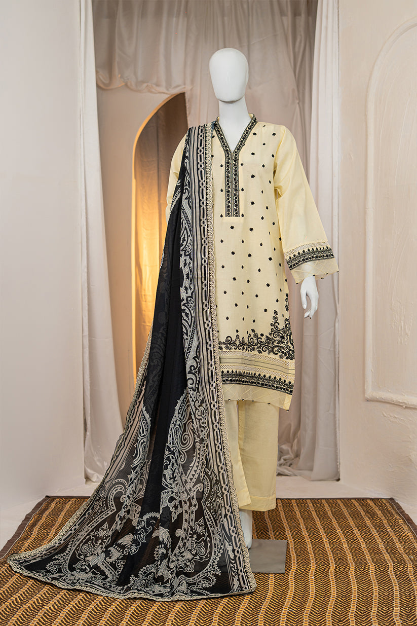 Munfarid Cream Cotton Suit with Black Embroidery & Digital Print Dupatta – Ready to Wear
