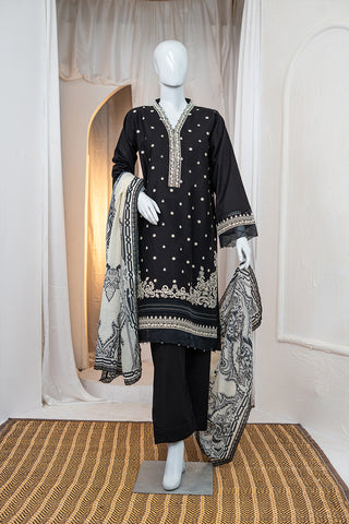 Munfarid Black Cotton Suit with Cream Thread Embroidery & Contrast Digital Dupatta – Ready to Wear