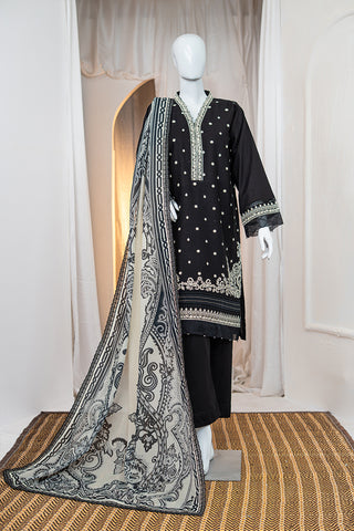 Munfarid Black Cotton Suit with Cream Thread Embroidery & Contrast Digital Dupatta – Ready to Wear
