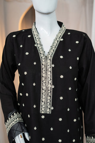 Munfarid Black Cotton Suit with Cream Thread Embroidery & Contrast Digital Dupatta – Ready to Wear