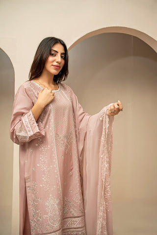 Dusty rose embroidered stitched 3 piece lawn suit with chiffon dupatta HS282
