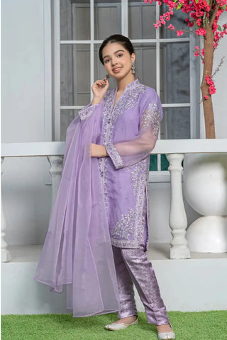 3 Piece Pale Lilac Embroidered Organza Suit with Banarsi Trouser – T-FORT-001