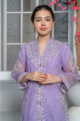 3 Piece Pale Lilac Embroidered Organza Suit with Banarsi Trouser – T-FORT-001