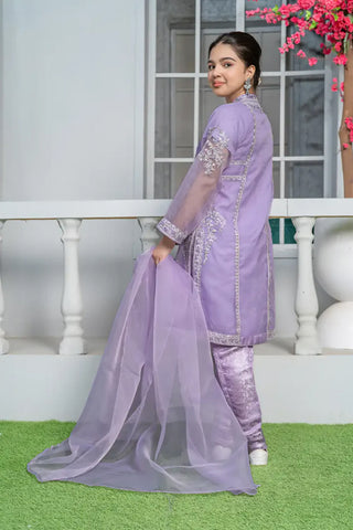 3 Piece Pale Lilac Embroidered Organza Suit with Banarsi Trouser – T-FORT-001