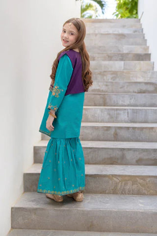 Ujala-2 – Teal 3 Piece Embroidered Cotton Gharara Set for Girls
