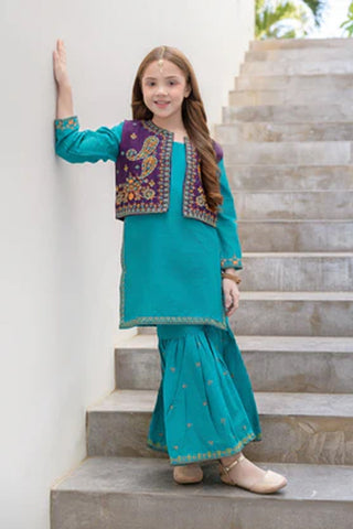 Ujala-2 – Teal 3 Piece Embroidered Cotton Gharara Set for Girls