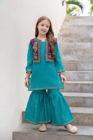 Ujala-2 – Teal 3 Piece Embroidered Cotton Gharara Set for Girls