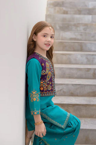 Ujala-2 – Teal 3 Piece Embroidered Cotton Gharara Set for Girls