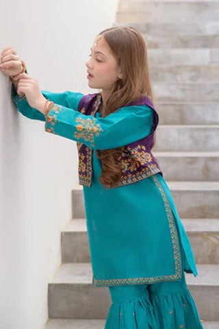 Ujala-2 – Teal 3 Piece Embroidered Cotton Gharara Set for Girls