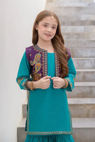 Ujala-2 – Teal 3 Piece Embroidered Cotton Gharara Set for Girls