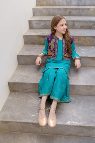 Ujala-2 – Teal 3 Piece Embroidered Cotton Gharara Set for Girls